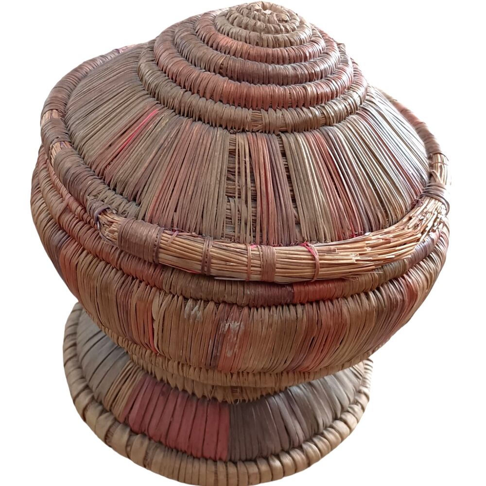 Vintage Multi-Colored Hand-woven Coiled Ethiopian Pedestal Lidded Basket 7x7 in